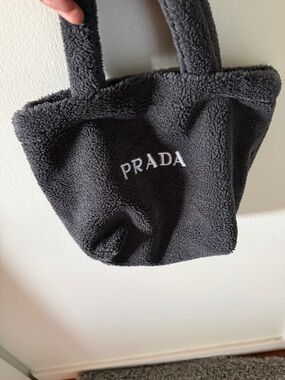 Prada Charcoal Gray Fuzzy Tote with Embroidered Logo in